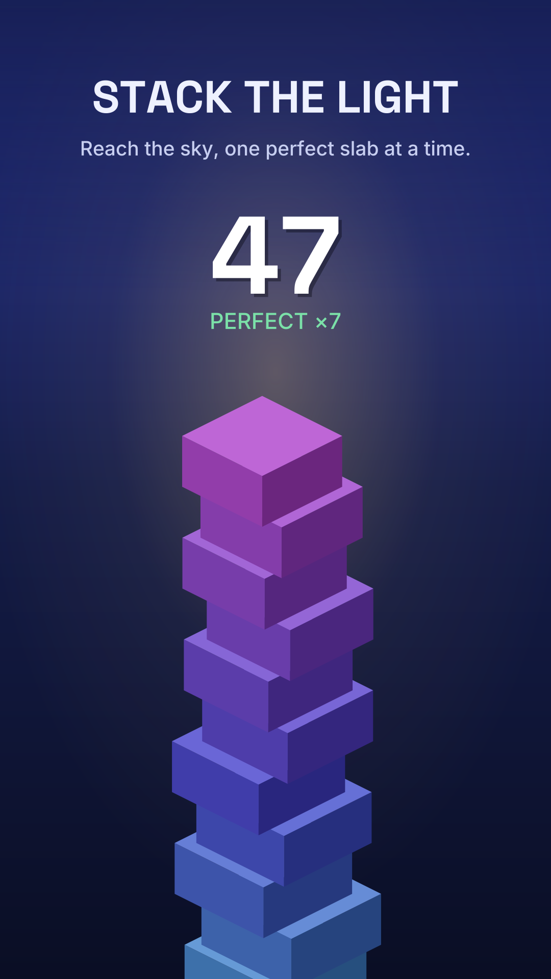 Spire gameplay — a tall glowing tower with score 47